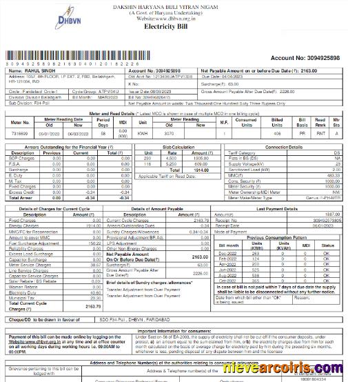 INIDA DHBVN utility bill